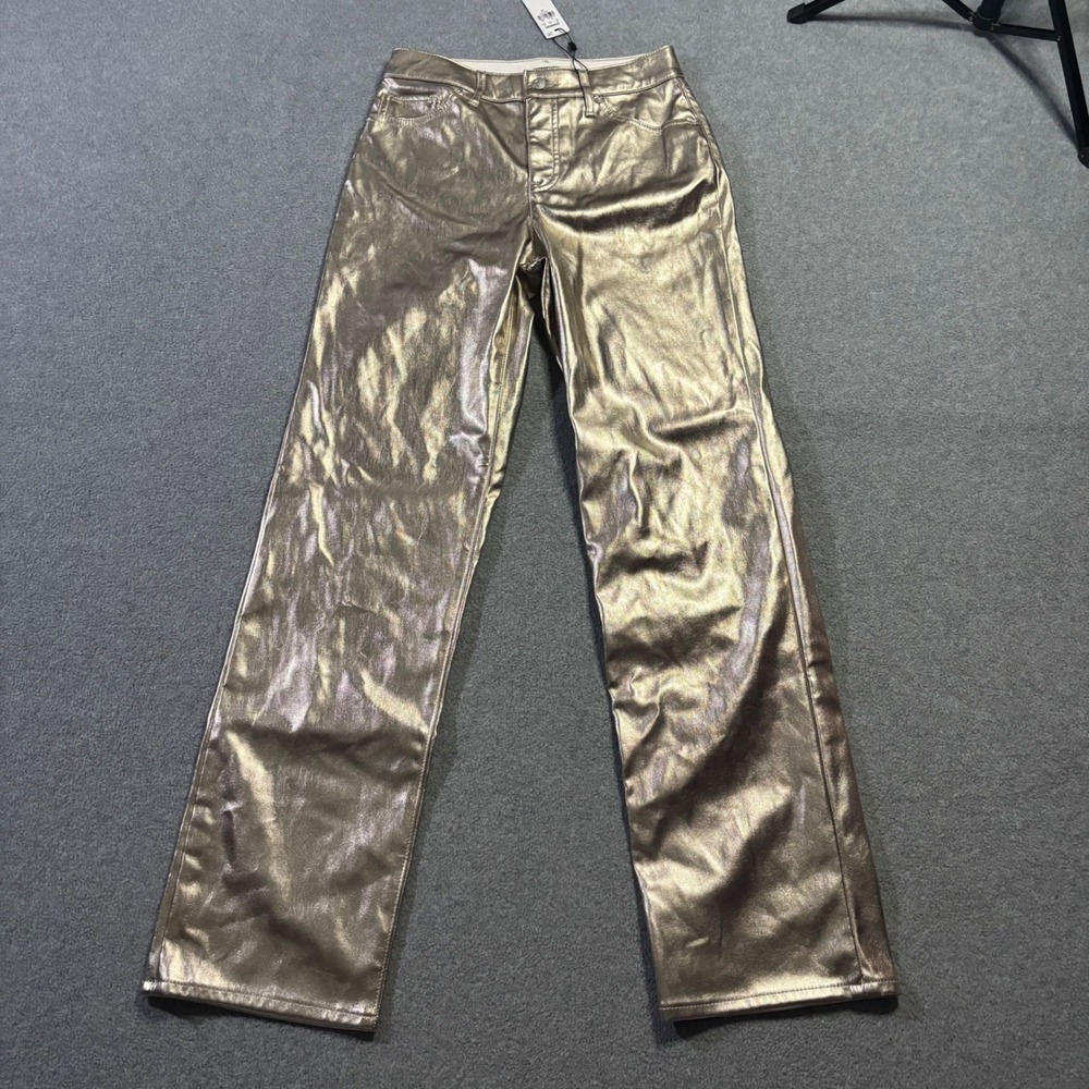 Express Modern Straight High Rise Metallic Gold Pants 2R 07482469 NEW